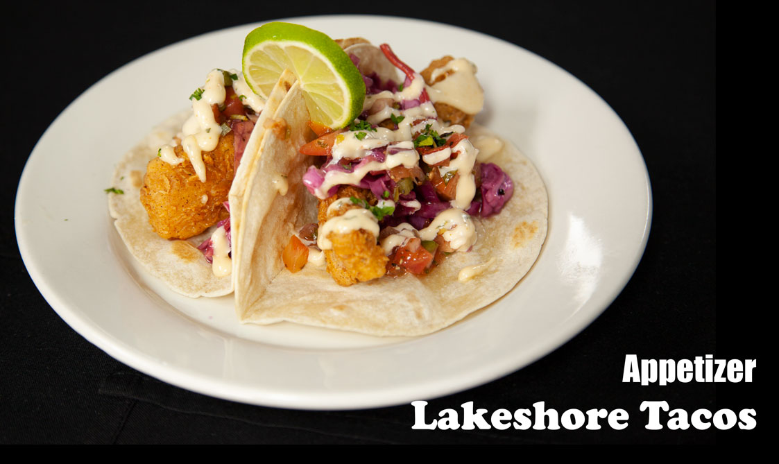 Lakeshore Tacos, battered fish on tortilla with salsa and sauce